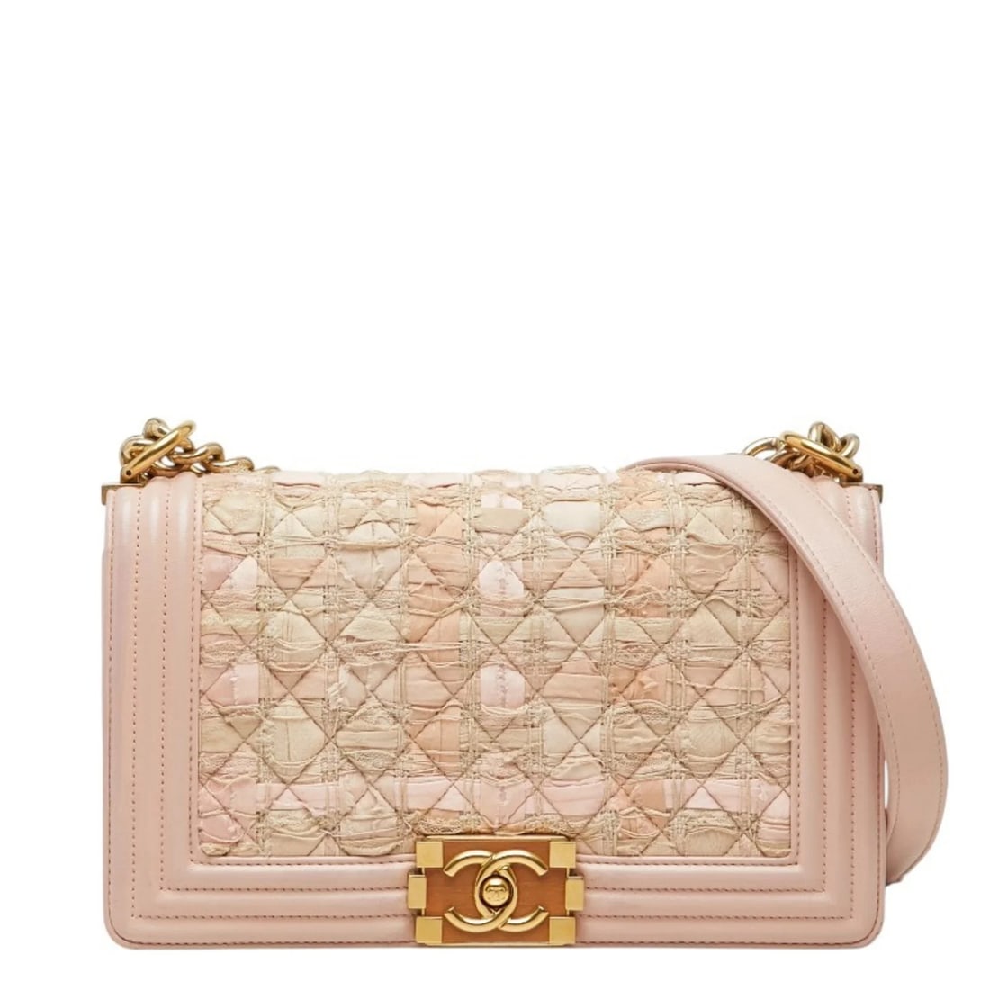 CHANEL COCO MARK BOY CHAIN SHOULDER BAG: Chanel Coco Mark Boy Chain Shoulder Bag Brand: Chanel Type/Style: Shoulder bag Material: Tweed Color: Pink Size: (HxWxD) 14.5cm x 25cm x 7cm / 5.7inch x 9.84inch x 2.75inch Accessories: None