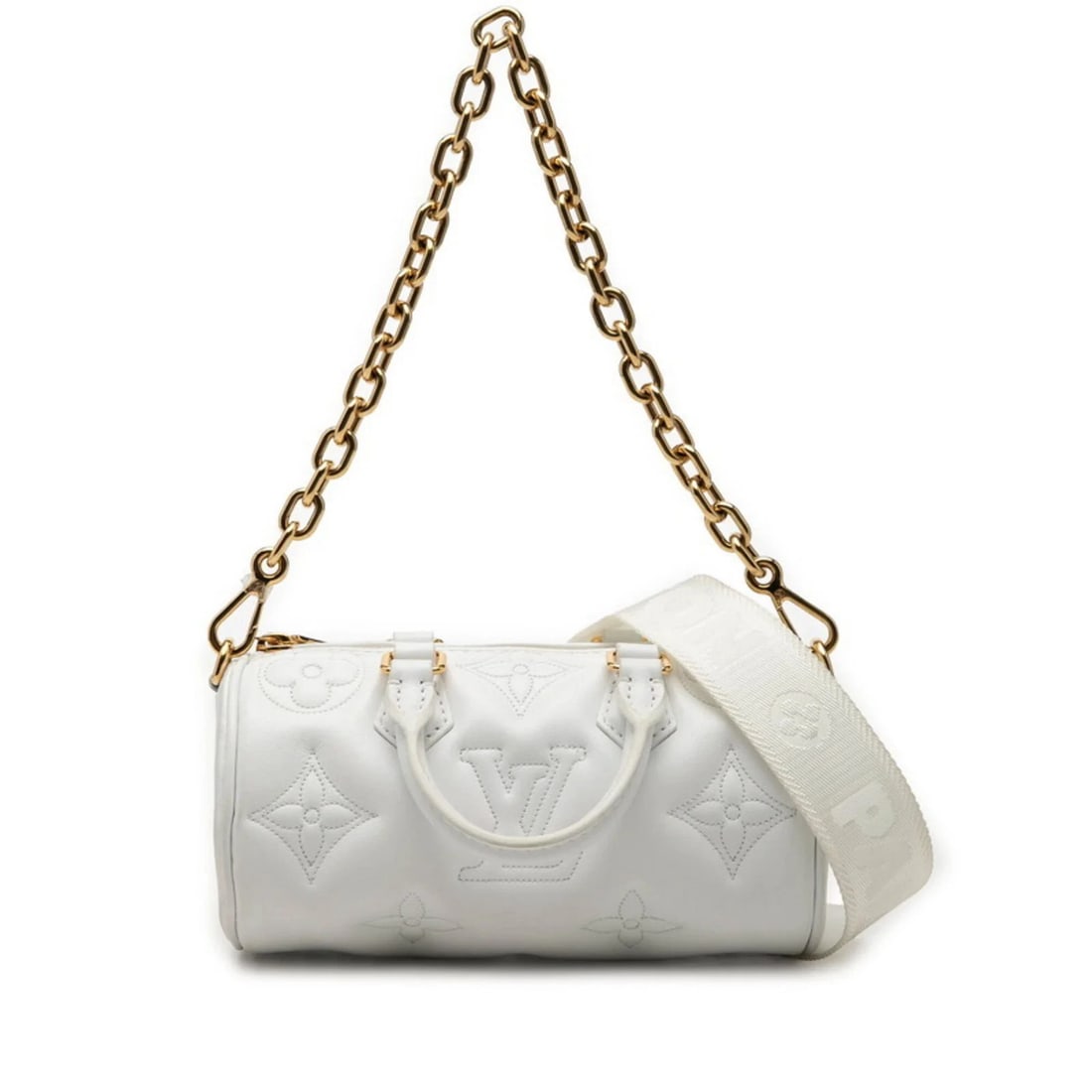 LOUIS VUITTON BUBBLEGRAM PAPILLON BB HANDBAG: Louis Vuitton Bubblegram Papillon BB Handbag Brand: Louis Vuitton Type/Style: Handbag, Shoulder bag Material: Leather Color: White Size: (HxWxD) 10.5cm x 20cm x 10.5cm / 4.13inch x 7.87inch x