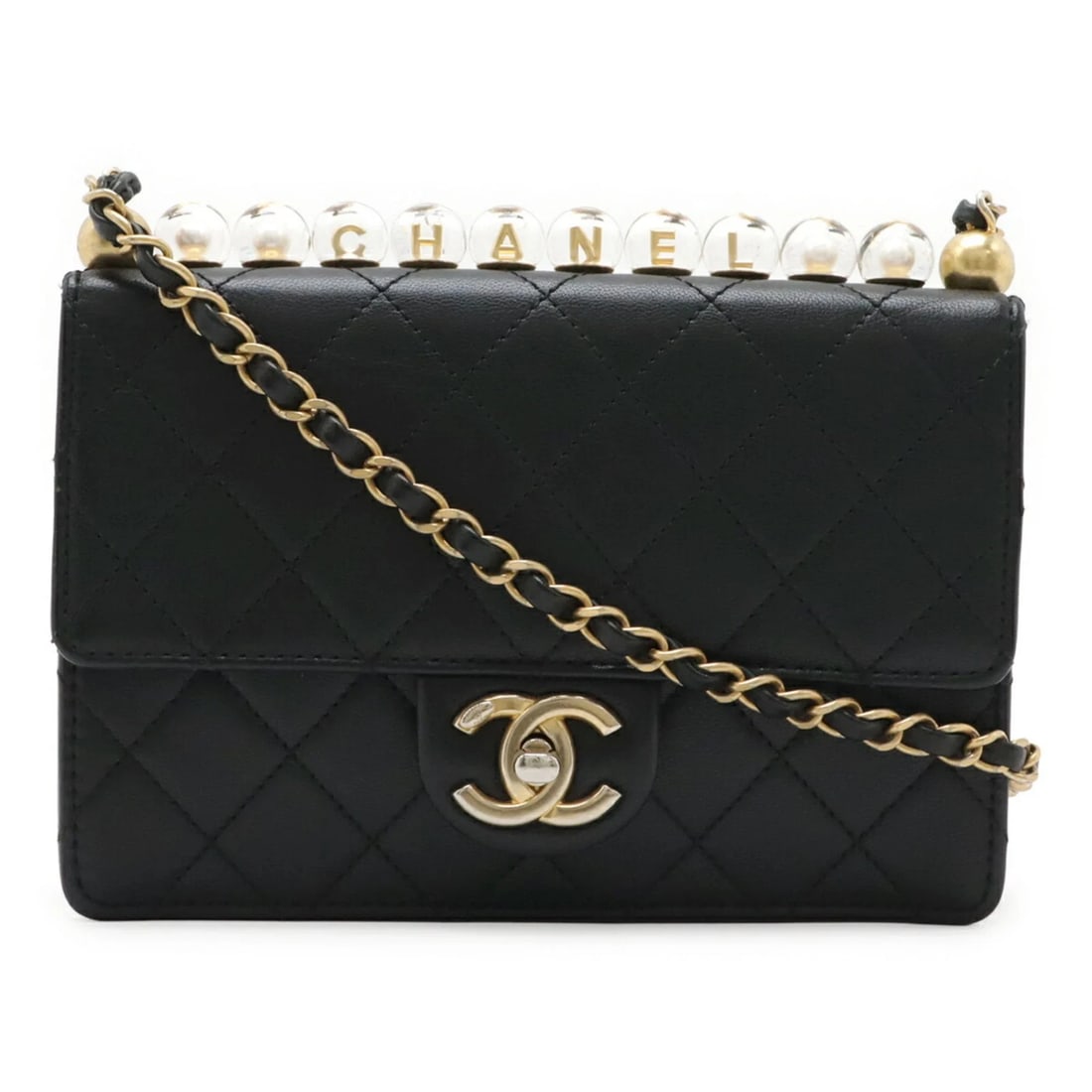 CHANEL MATELASSE COCO MARK CLEAR PEARL CHAIN SHOULDER BAG: CHANEL Matelasse Coco Mark Clear Pearl Chain Shoulder Bag Brand: Chanel Type/Style: Shoulder bag Material: Leather Color: Black Size: (HxWxD) 13.5cm x 19.5cm x 4cm / 5.31inch x 7.67inch x 1.57inch