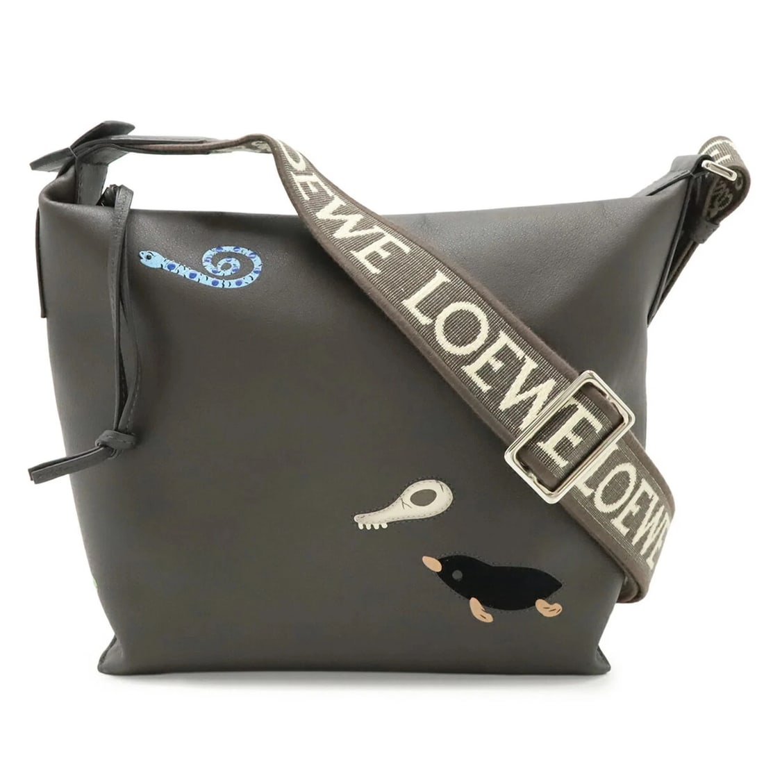 LOEWE CUBY CROSSBODY BAG SMALL SHOULDER BAG: LOEWE Cuby Crossbody Bag Small Shoulder Bag Brand: Loewe Type/Style: Shoulder bag Material: Leather Color: Charcoal gray Size: (HxWxD) 22.5cm x 10.5cm / 8.85inch x 4.13inch Accessories: None <