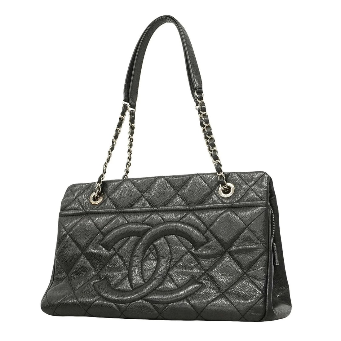 CHANEL TOTE BAG/CHAIN TOTE, MATELASSE CAVIARSKINLEATHER: Chanel Tote Bag/Chain Tote, Matelasse CaviarSkinLeather Brand: Chanel Type/Style: Tote bag Material: Grained Calfskin Color: Black Size: (HxWxD) 21.5cm x 32.5cm x 13cm / 8.46inch x 12.79inch x
