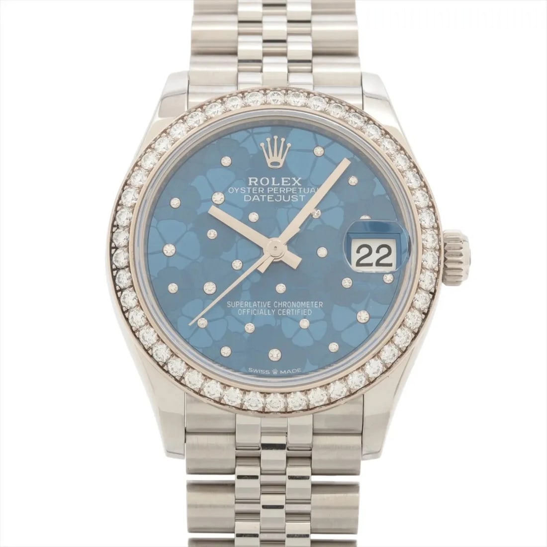 ROLEX DATEJUST SS AZURRO BLUE FLORAL MOTIF: Rolex Datejust SS azurro blue floral motif Brand: Rolex Type/Style: Wristwatch Material: SS?WG Color: Dial Color azurro blue floral motifs Size: Case:W1.2 x H1.2inch / W31 x H31 Circumference of