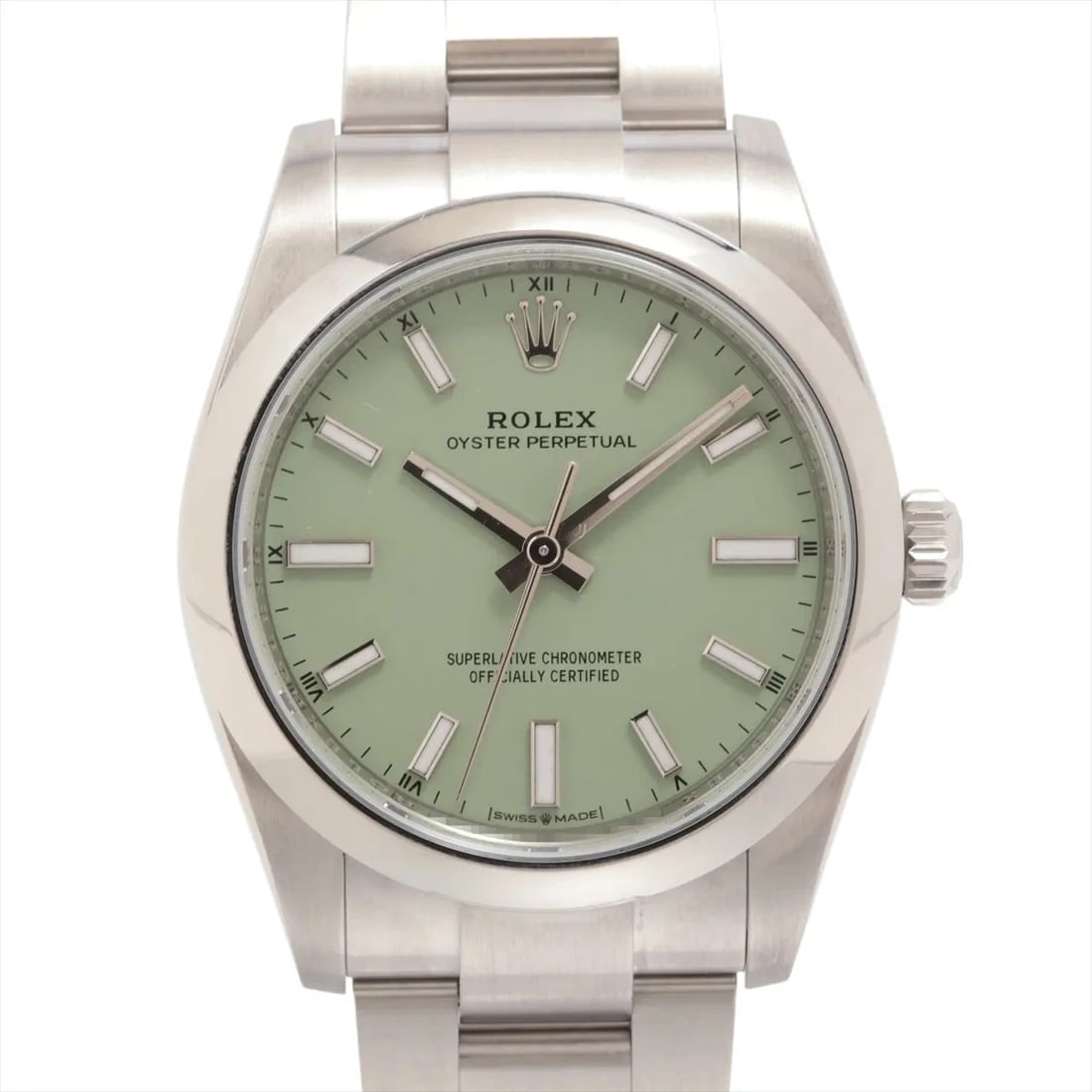 ROLEX OYSTER PERPETUAL SS PISTACHIO: Rolex Oyster Perpetual SS pistachio Brand: Rolex Type/Style: Wristwatch Material: SS Color: Dial Color pistachios Size: Case:W1.2 x H1.2inch / W34 x H34 Circumference of Wrist:6.7inch / 17