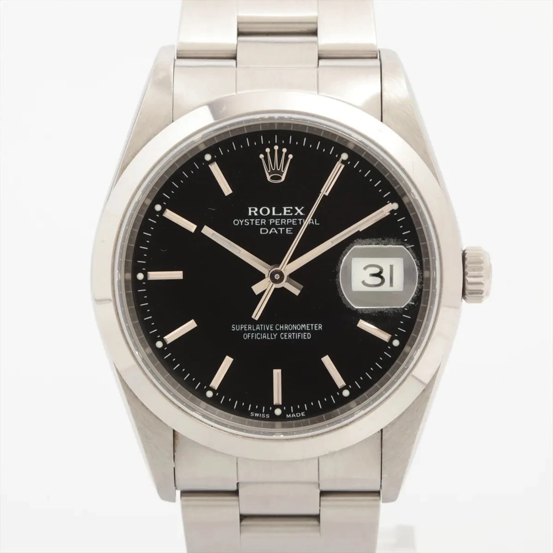 ROLEX OYSTER PERPETUAL DATE SS BLACK: Rolex Oyster Perpetual Date SS black Brand: Rolex Type/Style: Wristwatch Material: SS Color: Dial Color Black Size: Case:W1.2 x H1.2inch / W34 x H34 Circumference of Wrist:6.3inch / 16 Accessories