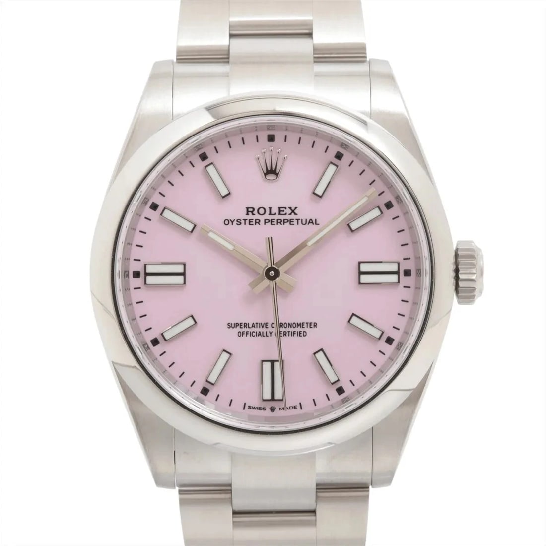 ROLEX OYSTER PERPETUAL SS CANDY PINK: Rolex OYSTER PERPETUAL SS candy pink Brand: Rolex Type/Style: Wristwatch Material: SS Color: Dial Color candy pink Size: Case:W1.6 x H1.6inch / W41 x H41 Circumference of Wrist:7.1inch / 18