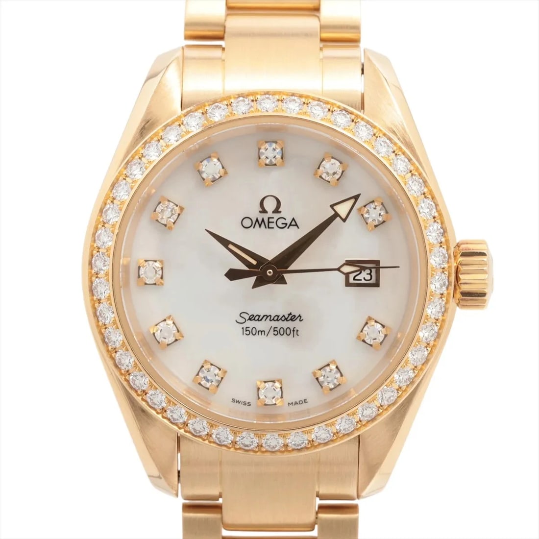 OMEGA SEAMASTER AQUA TERRA YG QZ WHITE SHELL: Omega Seamaster Aqua Terra YG QZ white shell Brand: Omega Type/Style: Wristwatch Material: YG Color: Dial Color white shell Size: Case:W0.8 x H0.8inch / W28 x H28 Circumference of Wrist:6.7inch / 17