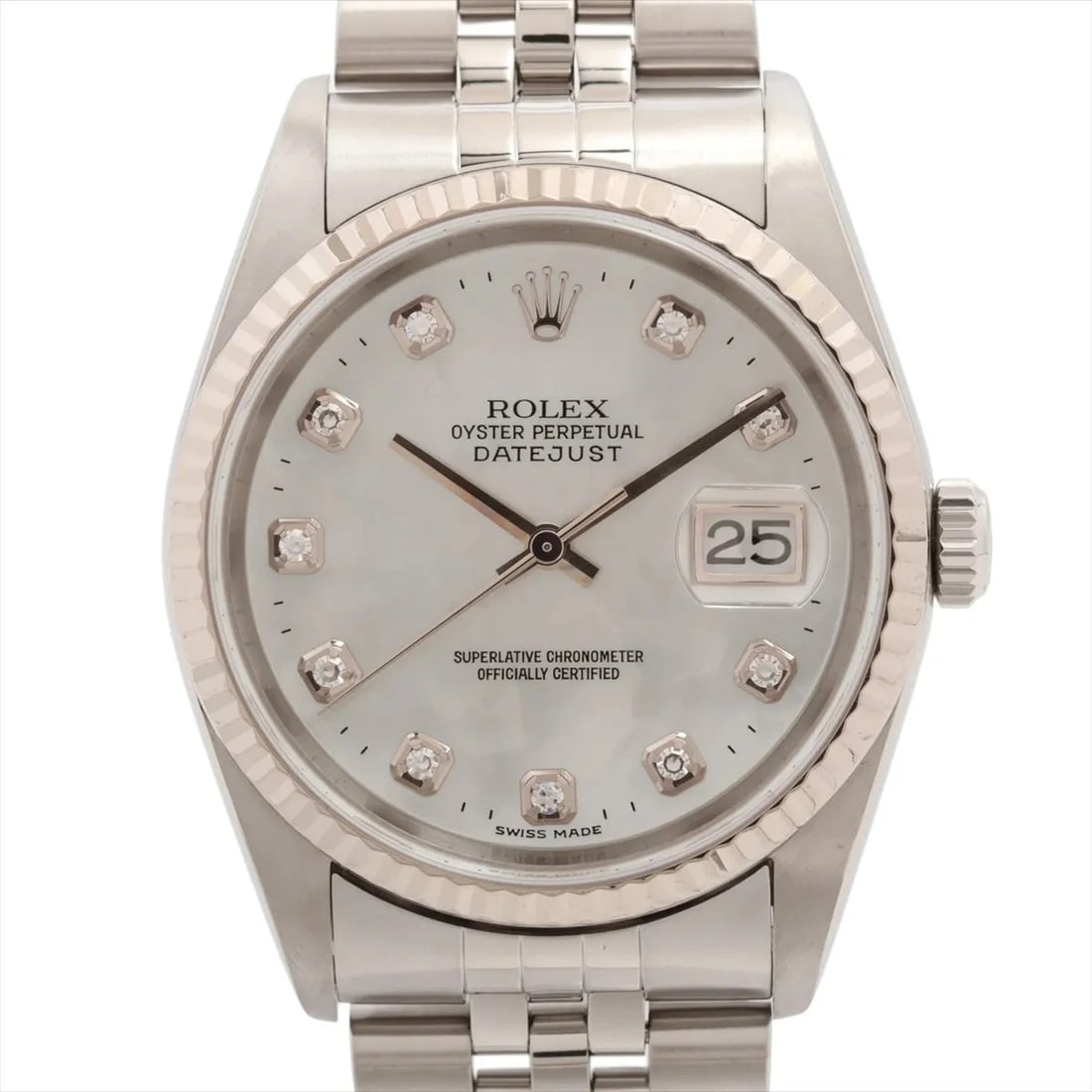 ROLEX DATEJUST SS?WG WHITE SHELL: Rolex DATEJUST SS?WG white Shell Brand: Rolex Type/Style: Wristwatch Material: SS?WG Color: Dial Color white shell Size: Case:W1.2 x H1.2inch / W36 x H36 Circumference of Wrist:7.9inch / 20