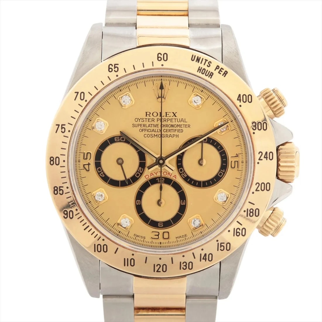 ROLEX COSMOGRAPH DAYTONA SS?YG: Rolex Cosmograph Daytona SS?YG Brand: Rolex Type/Style: Wristwatch Material: SS?YG Color: Dial Color Champagne Size: Case:W1.6 x H1.6inch / W40 x H40 Circumference of Wrist:6.7inch / 17 Accessories: