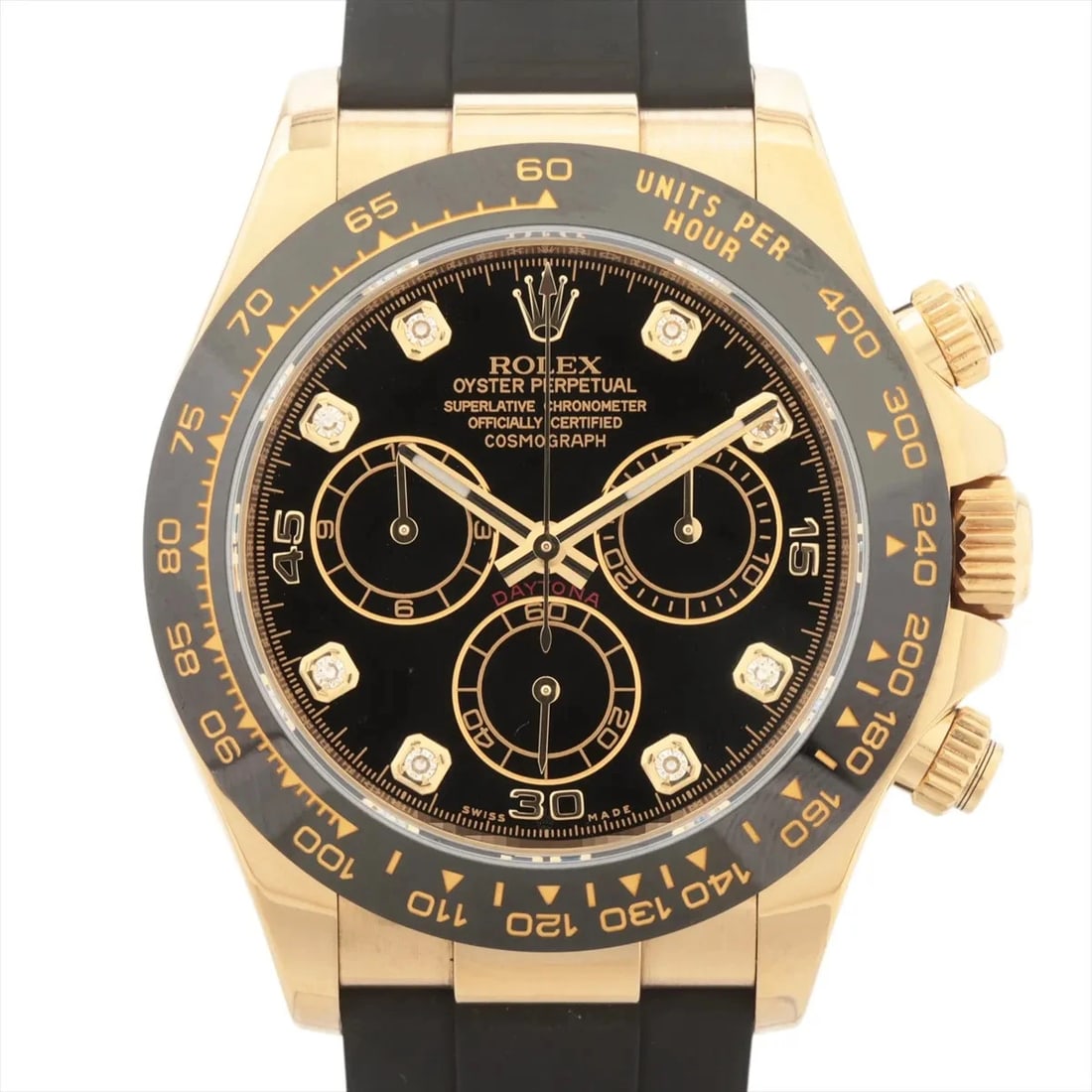 ROLEX COSMOGRAPH DAYTONA YG RUBBER BLACK: Rolex Cosmograph Daytona YG rubber black Brand: Rolex Type/Style: Wristwatch Material: YG & rubber Color: Dial Color Black Size: Case:W1.6 x H1.6inch / W40 x H40 Circumference of Wrist:6.5inch / 16.5