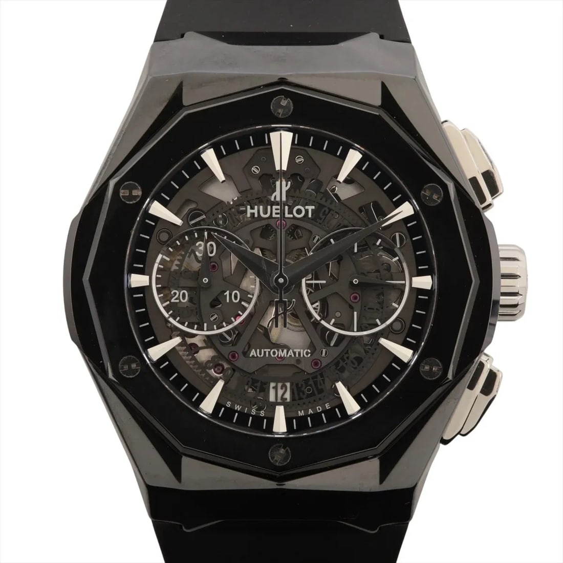 HUBLOT AERO FUSION CHRONOGRAPH BLACK: Hublot Aero Fusion Chronograph Black Brand: Hublot Type/Style: Wristwatch Material: CE ? SS ? rubber Color: Dial Color Skeleton Size: Case:W1.6 x H1.6inch / W42 x H42 Circumference of Wrist:7.7inch /