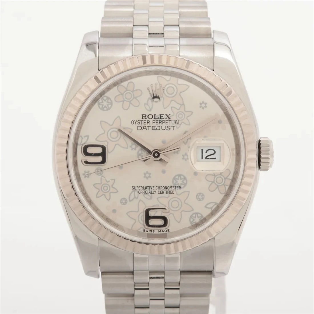 ROLEX DATEJUST SS WG SILVER FLOWER: Rolex DATEJUST SS WG Silver flower Brand: Rolex Type/Style: Wristwatch Material: SS?WG Color: Dial Color Silver flower Size: Case:W1.2 x H1.2inch / W36 x H36 Circumference of Wrist:5.9inch / 15