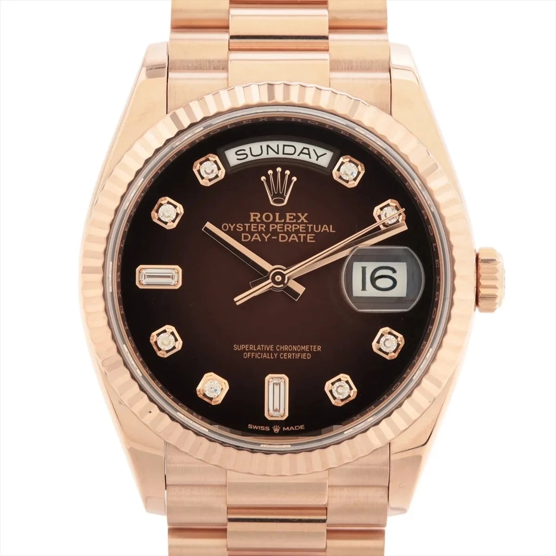 ROLEX DAY DATE PG BROWN GRADATION: Rolex Day Date PG Brown gradation Brand: Rolex Type/Style: Wristwatch Material: PG Color: Dial Color Brown gradation Size: Case:W1.2 x H1.2inch / W36 x H36 Circumference of Wrist:7.1inch / 18