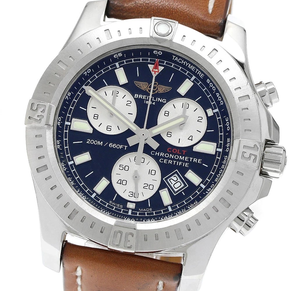 BREITLING WATCH CHRONOGRAPH DATE QUARTZ NAVY/SILVER DIAL: BREITLING WATCH CHRONOGRAPH DATE QUARTZ NAVY/SILVER DIAL Brand: BREITLING Type/Style: Wristwatch Material: SS Color: Dial Color NAVY/SILVER Size: Case size: 43mm Wrist size: Approx. 18cm Accessories: