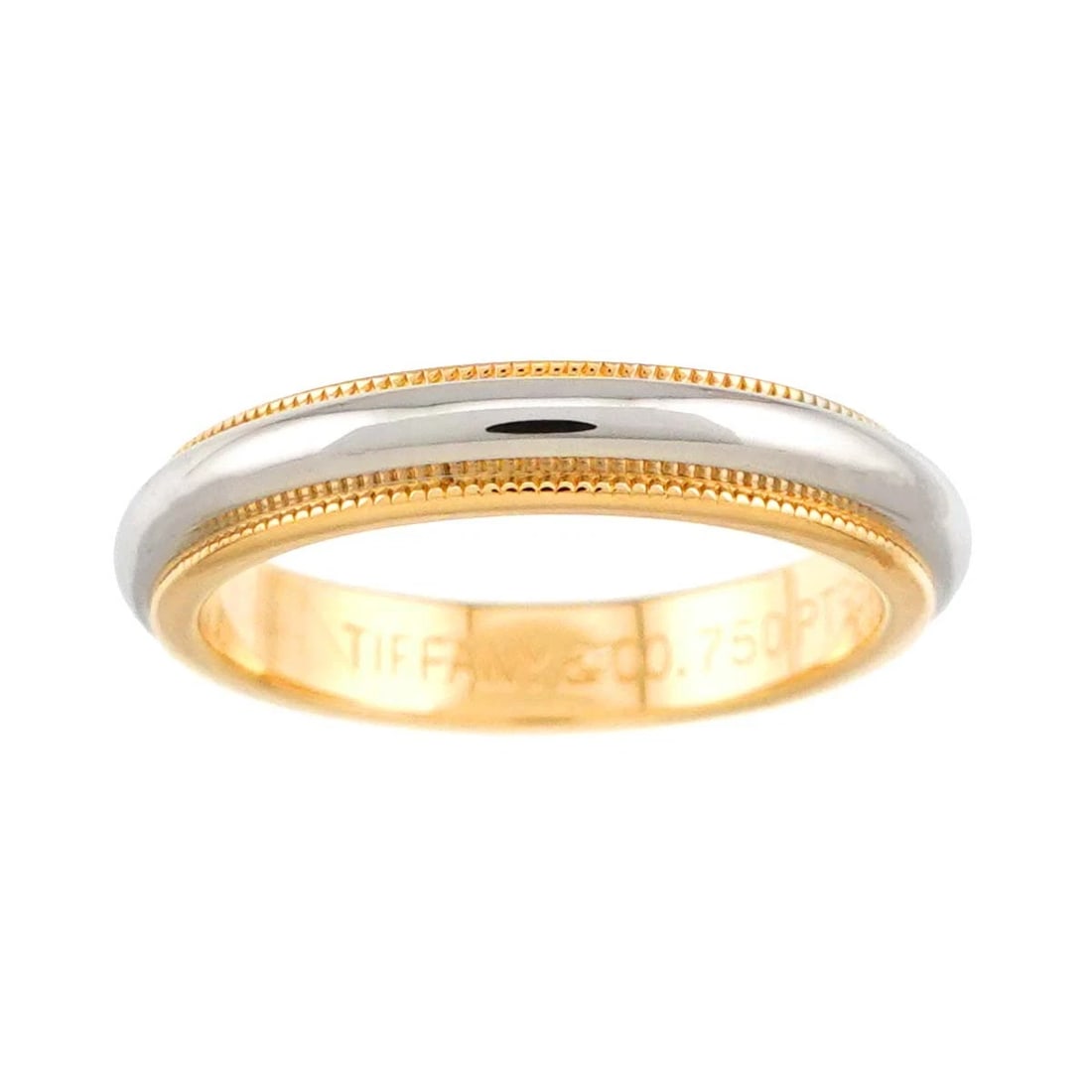TIFFANY & CO. MILGRAIN YELLOW GOLD BAND RING: Tiffany & Co. Milgrain Yellow Gold Band Ring Brand: Tiffany & Co. Type/Style: Ring Material: 18K Yellow Gold and Platinum, Color: Yellow Gold, Platinum Size: US 5 Accessories: None Accesso