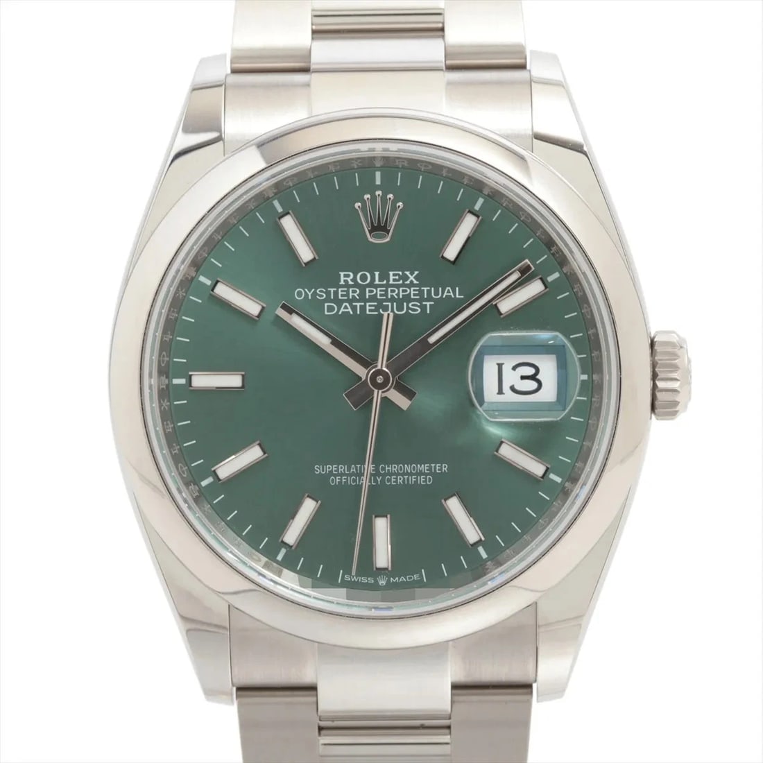 ROLEX DATEJUST 36 SS AT MINT GREEN DIAL WATCH: Rolex Datejust 36 Ss At Mint Green Dial Watch Brand: Rolex Type/Style: Wristwatch Material: SS Color: Dial Color mint green Size: Case:W1.2 x H1.2inch / W36 x H36 Accessories: None Accesso