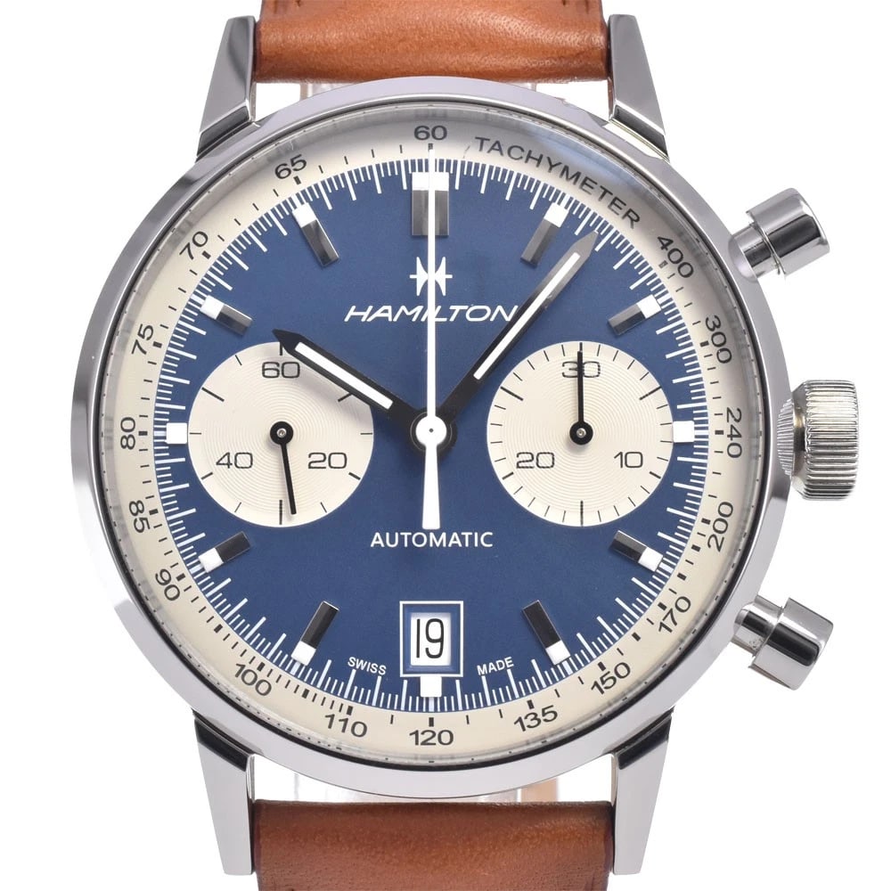 HAMILTON INTRAMATIC AUTOMATIC WATCH: Hamilton Intramatic Automatic Watch Brand: HAMILTON Type/Style: Wristwatch Material: Band Material leather, Case Material Stainless Steel Color: Case Color Silver, Band Color Brown, Dial Color Blue