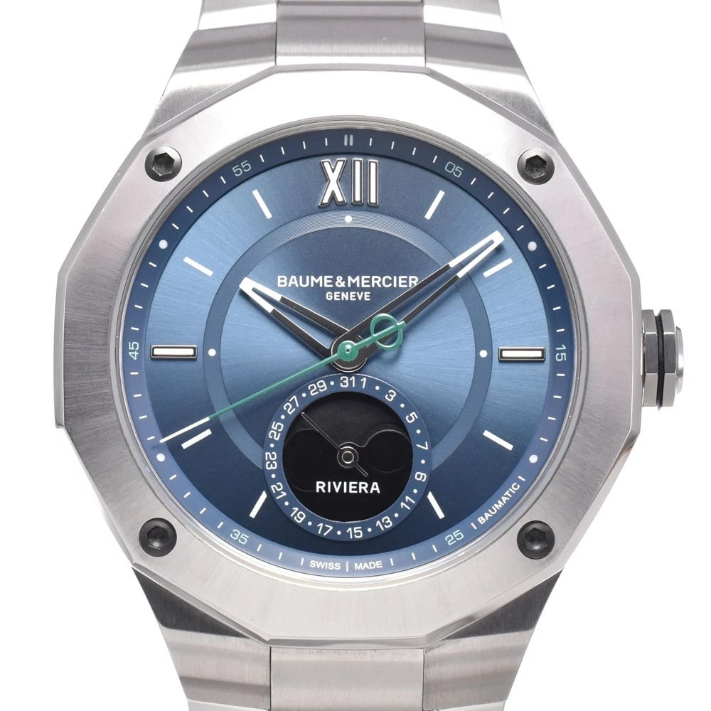 BAUME & MERCIER RIVIERA DATE AUTOMATIC WATCH: Baume & Mercier Riviera Date Automatic Watch Brand: Baume & Mercier Type/Style: Wristwatch Material: Band Material Stainless Steel, Case Material Stainless Steel Color: Case Color Silver, Band Color