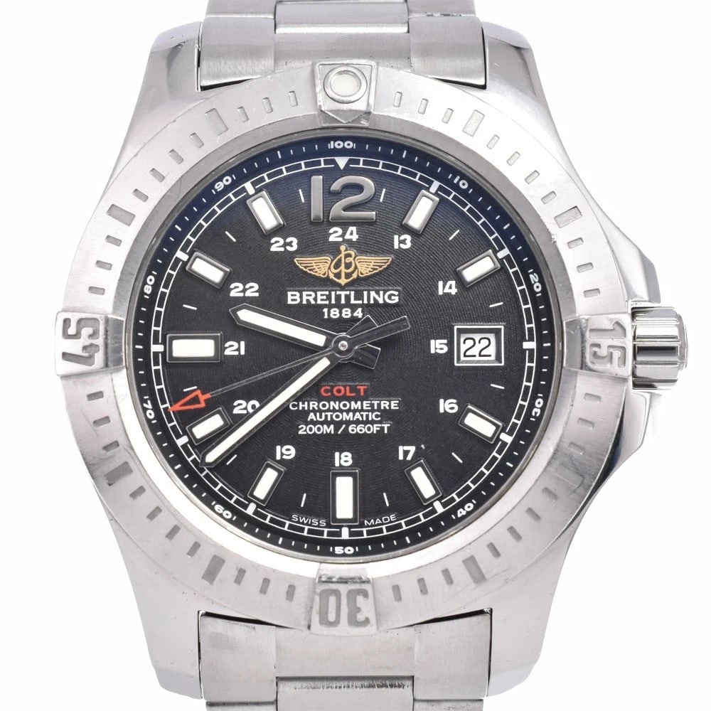 BREITLING COLT CHRONOMETER DATE BLACK DIAL AUTOMATIC WATCH: Breitling Colt Chronometer Date Black Dial Automatic Watch Brand: BREITLING Type/Style: Wristwatch Material: Band Material Stainless Steel, Case Material Stainless Steel Color: Case Color Silver,
