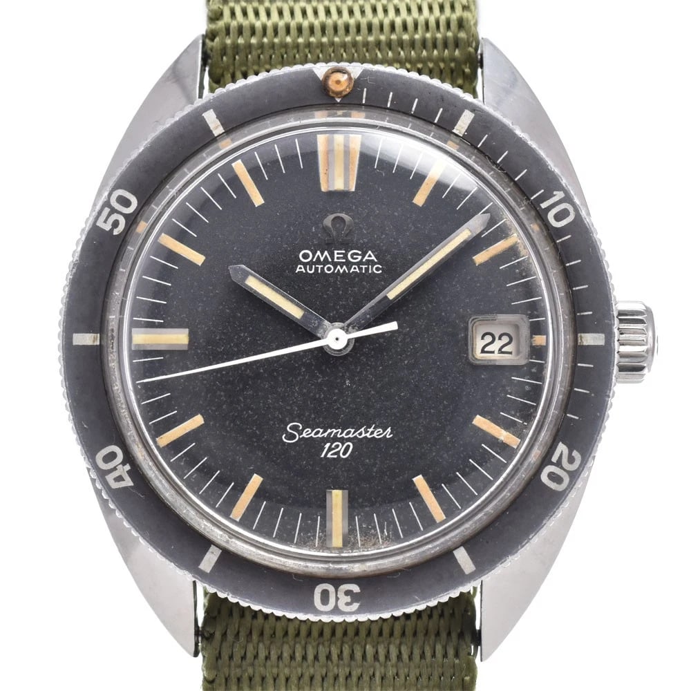 OMEGA SEAMASTER DATE AUTOMATIC WATCH: Omega Seamaster Date Automatic Watch Brand: OMEGA Type/Style: Wristwatch Material: Band Material Nylon, Case Material Stainless Steel Color: Case Color Silver, Band Color khaki, Dial Color black Size:
