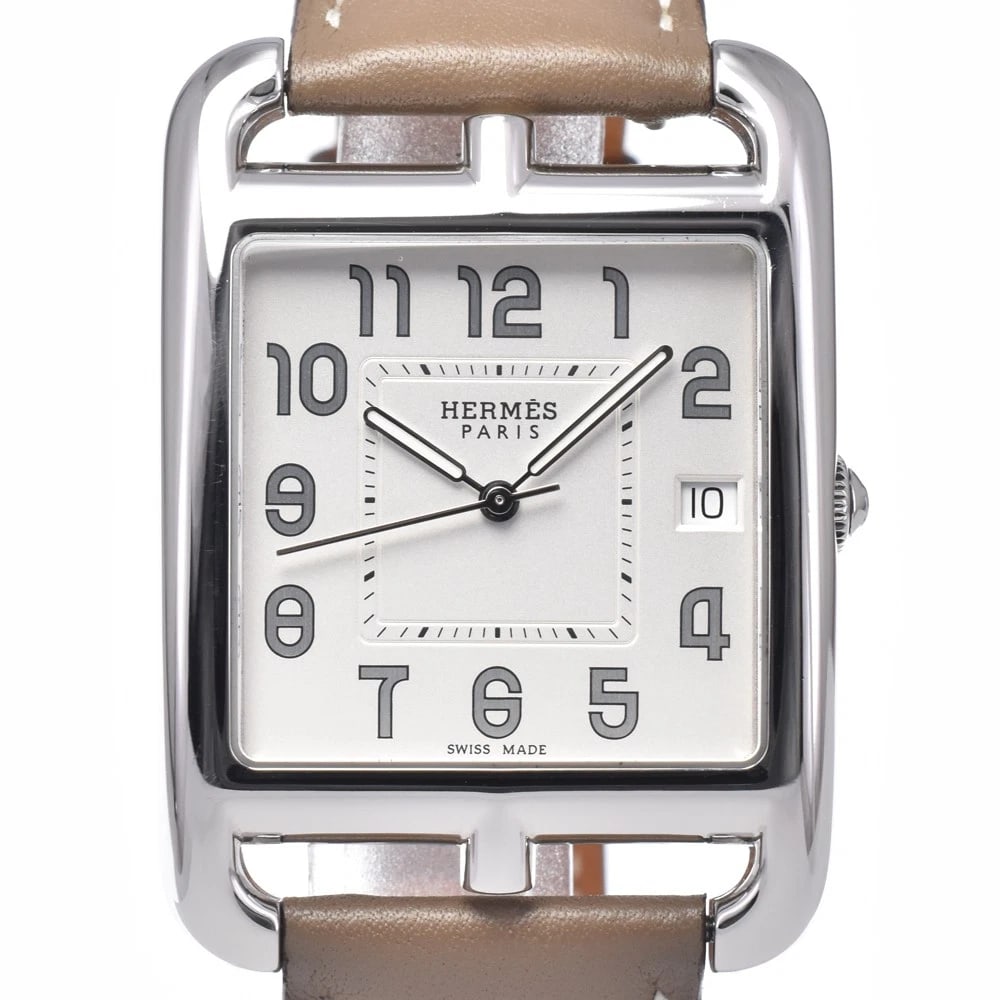 HERMES CAPE CODDATE SILVER DIAL QUARTZ WATCH: Hermes Cape Coddate Silver Dial Quartz Watch Brand: HERMES Type/Style: Wristwatch Material: Band Material leather, Case Material Stainless Steel Color: Case Color Silver, Band Color Brown, Dial Color