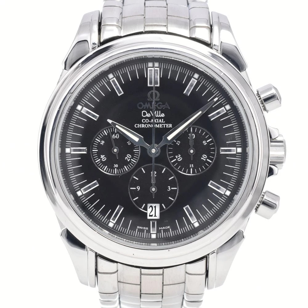 OMEGA DE VILLE BLACK DIAL AUTOMATIC WATCH: Omega De Ville Black Dial Automatic Watch Brand: OMEGA Type/Style: Wristwatch Material: Band Material Stainless Steel, Case Material Stainless Steel Color: Case Color Silver, Band Color Silver, Dial