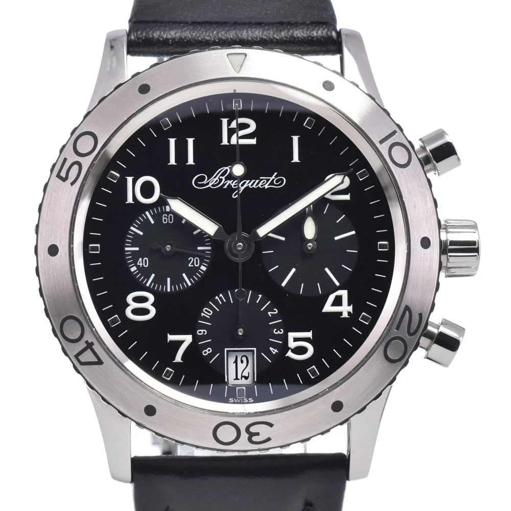 BREGUET TRANSATLANTIC DATE AUTOMATIC WATCH: Breguet Transatlantic Date Automatic Watch Brand: Breguet Type/Style: Wristwatch Material: Band Material leather, Case Material Stainless Steel Color: Case Color Silver, Band Color black, Dial Color