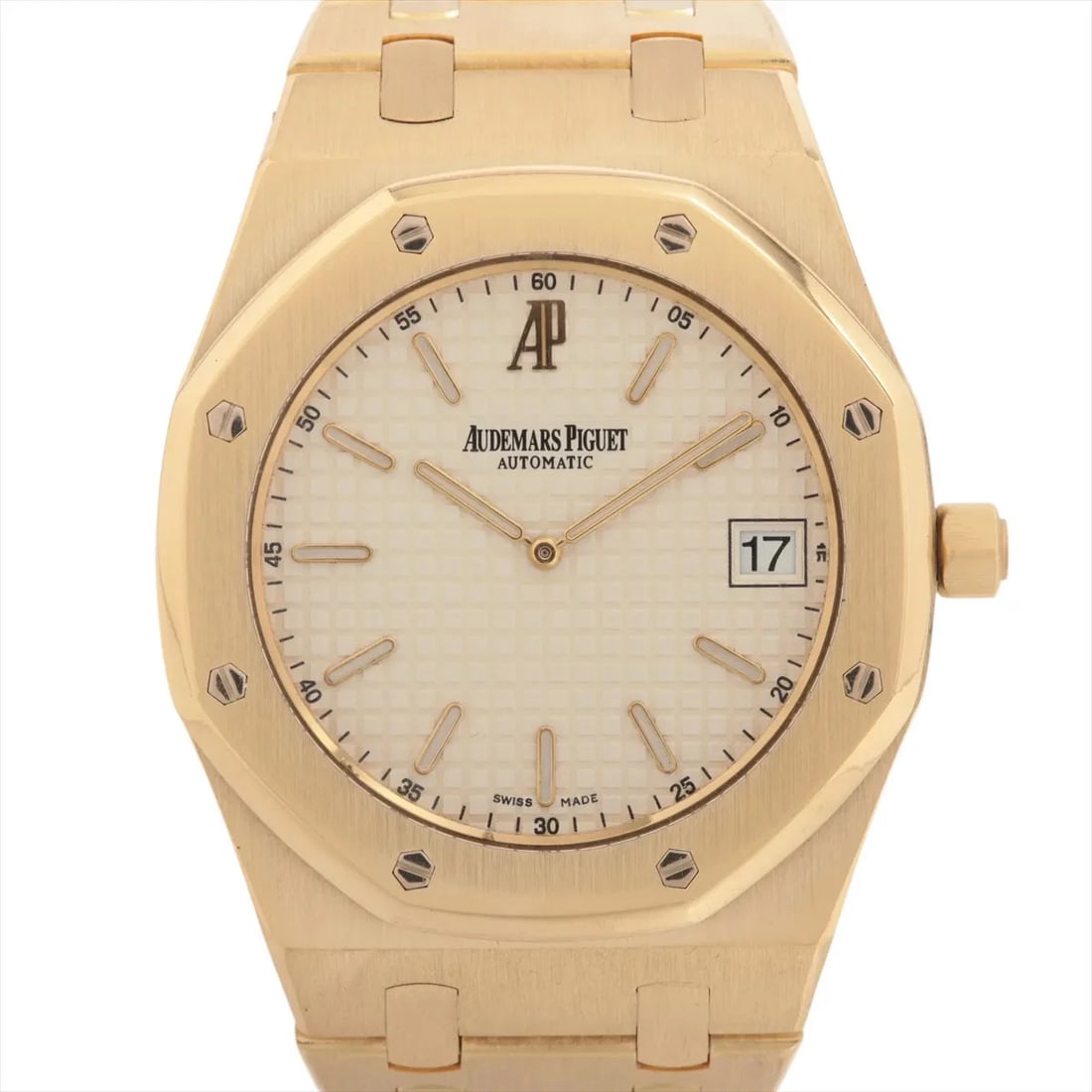 AUDEMARS PIGUET ROYAL YG AT SILVER WATCH: Audemars Piguet Royal Yg At Silver Watch Brand: Audemars Piguet Type/Style: Wristwatch Material: YG Color: Dial Color Silver Size: SizeCase:W1.2 x H1.2inch / W38 x H38 Circumference of Wrist:6.1inch /