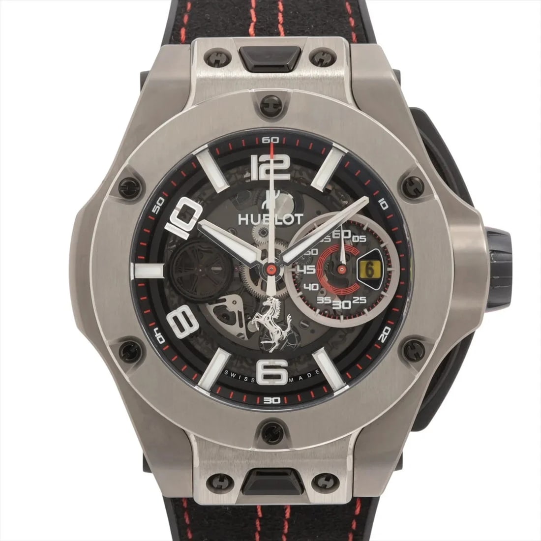 HUBLOT BIG BANG UNICO FERRARI TITANIU WORLDWIDE WATCH: Hublot Big Bang Unico Ferrari Titaniu Worldwide Watch Brand: Hublot Type/Style: Wristwatch Material: Ti & rubber Color: Dial Color Skeleton Size: Case:W1.6 x H1.6inch / W45 x H45 Circumference of