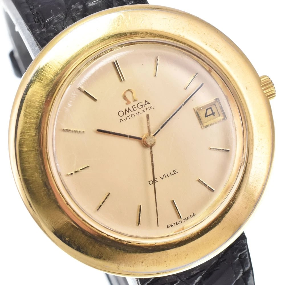 OMEGA DE VILLE DATE GOLD DIAL AUTOMATIC WATCH: Omega De Ville Date Gold Dial Automatic Watch Brand: OMEGA Type/Style: Wristwatch Material: Band Material leather, Case Material Gold Plated Color: Case Color gold, Band Color black, Dial Color gold