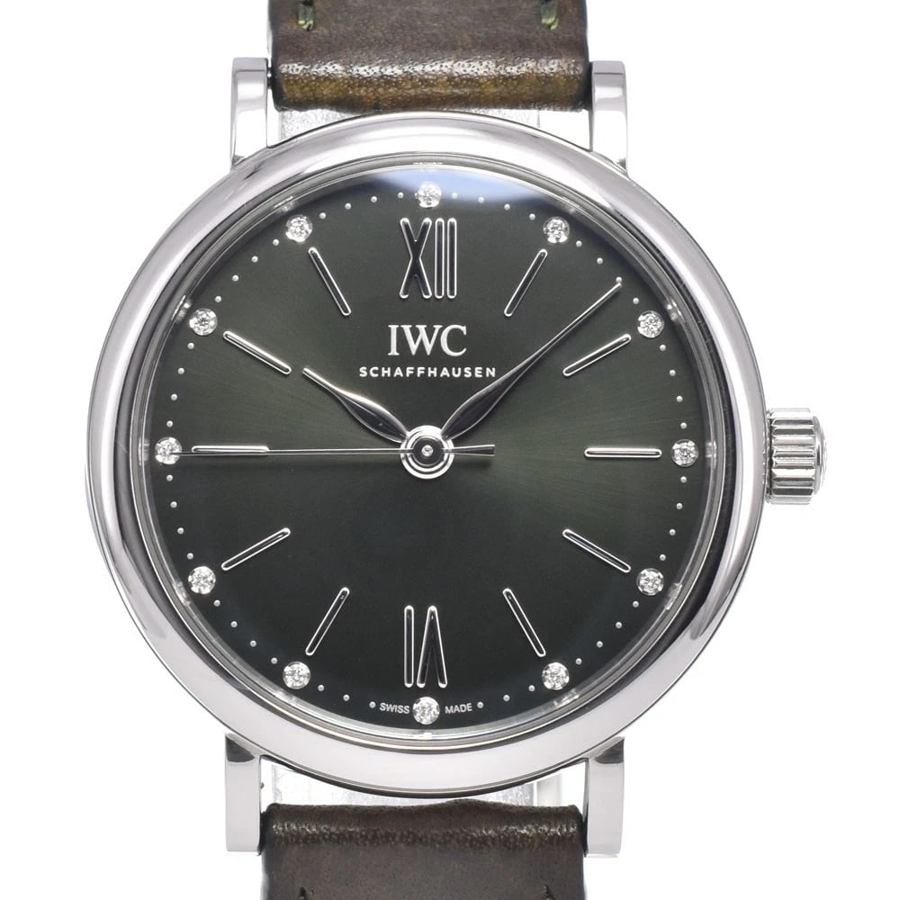IWC SCHAFFHAUSEN PORTOFINO DIAMOND LADIES WATCH: Iwc Schaffhausen Portofino Diamond Ladies Watch Brand: IWC SCHAFFHAUSEN Type/Style: Wristwatch Material: Band Material leather, Case Material Stainless Steel Color: Case Color Silver, Band Color khaki
