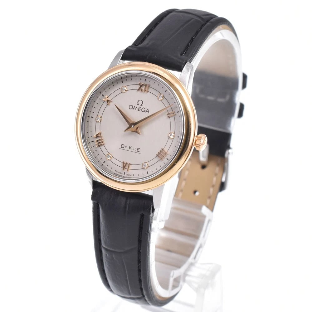 OMEGA DE VILLE PRESTIGE DIAMOND QUARTZ WATCH: Omega De Ville Prestige Diamond Quartz Watch Brand: OMEGA Type/Style: Wristwatch Material: Band Material leather, Case Material Stainless Steel/K18RG Color: Case Color Silver / Red Gold, Band Color
