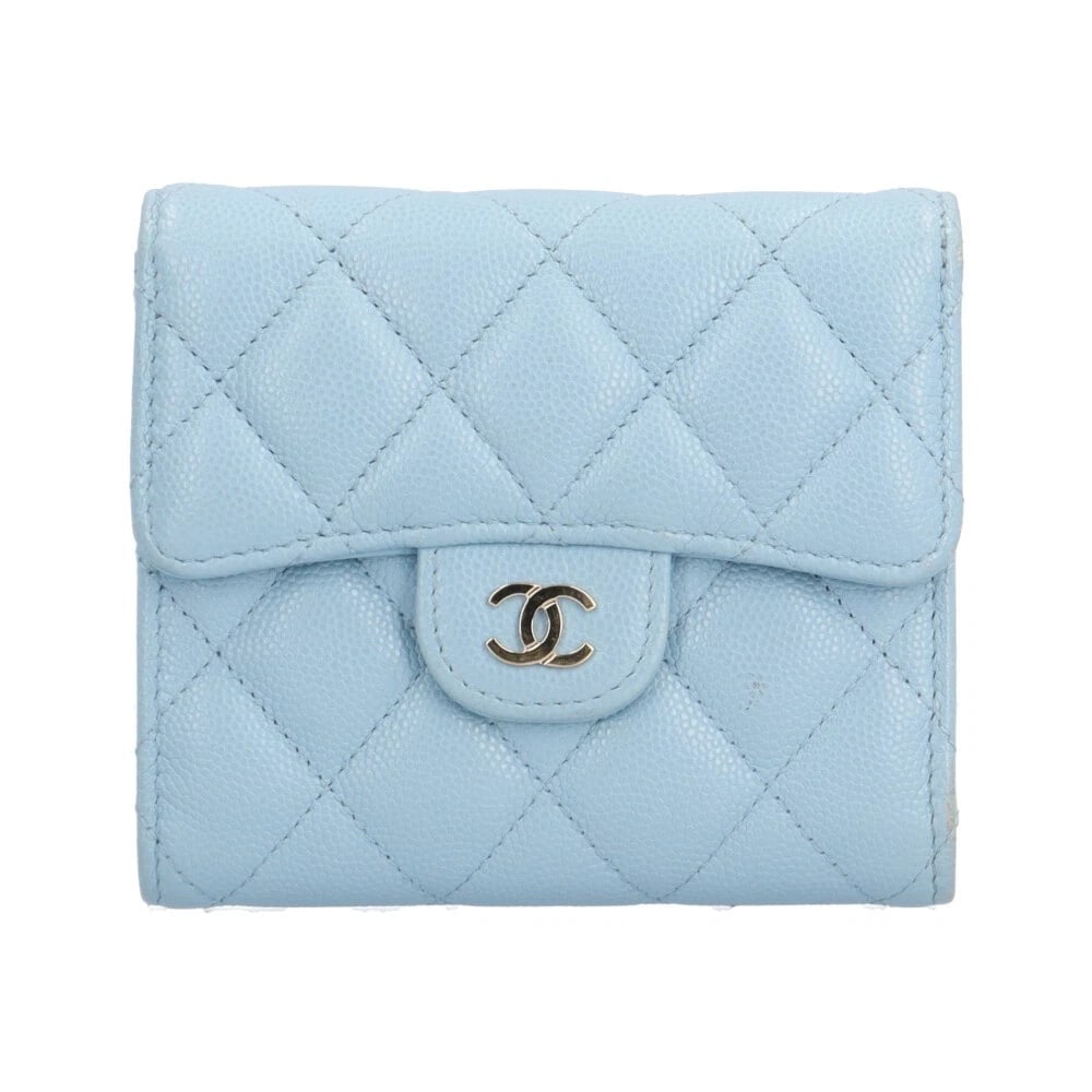 CHANEL TRI-FOLD WALLET CAVIAR SKIN CLASSIC SMALL FLAP WALLET: CHANEL Tri-fold wallet Caviar skin Classic small flap wallet Brand: CHANEL Type/Style: Tri-fold wallet Material: Exterior Material Color: Exterior color blue Size: W4.5 x H3.9x D1.0inch Accessorie
