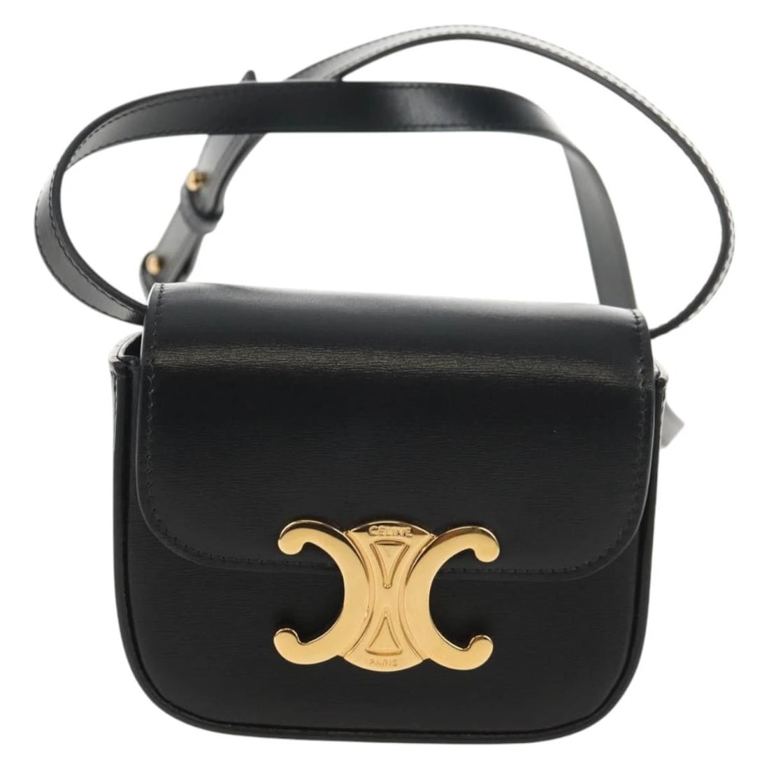 CELINE MINI TRIOMPHE SHOULDER BAG LEATHER BLACK: CELINE Mini Triomphe Shoulder Bag Leather Black Brand: CELINE Type/Style: Shoulder Bag Material: Leather Color: Black/Gold Size: W4.3 x H3.1 x D1.6inch(Approx) Accessories: None Accessorie