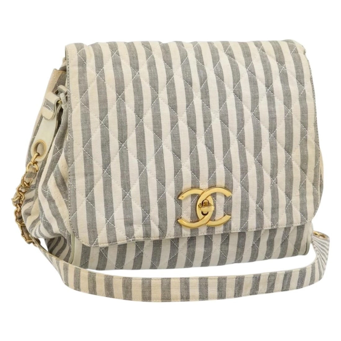 CHANEL STRIPED MATELASSE CHAIN SHOULDER BAG: CHANEL Striped Matelasse Chain Shoulder Bag Brand: CHANEL Type/Style: Shoulder Bag Material: Canvas Color: White/Gray Size: W9.8 x H9.8 x D4.3inch(Approx) Accessories: None Accessories Not