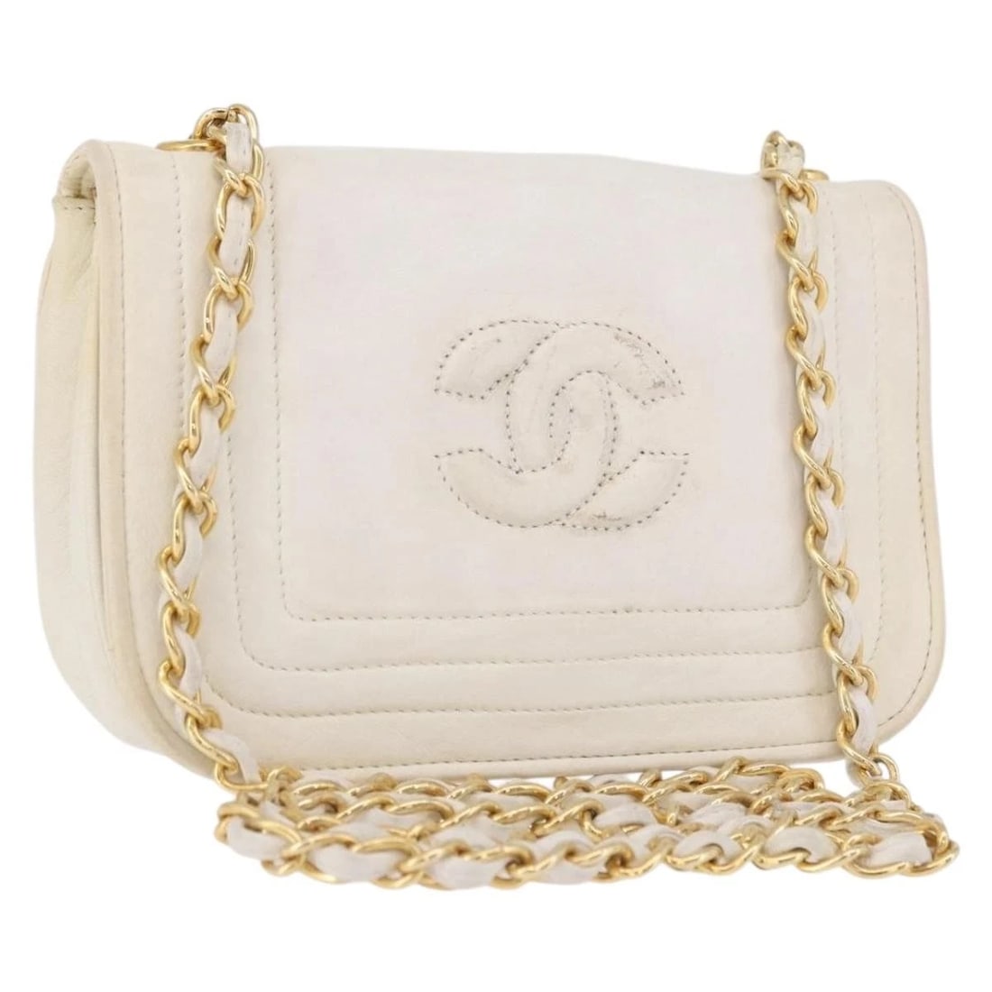CHANEL CHAIN SHOULDER BAG LAMB SKIN WHITE GOLD: CHANEL Chain Shoulder Bag Lamb Skin White Gold Brand: CHANEL Type/Style: Shoulder Bag Material: Lamb Skin Color: White/Gold Size: W6.7 x H4.7 x D1.6inch(Approx) Accessories: None Accessori