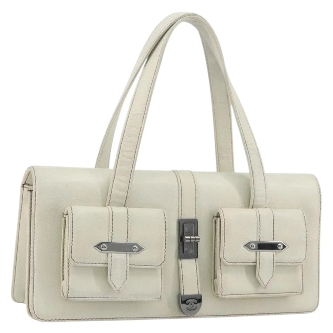 CHANEL HAND BAG LEATHER WHITE SILVER: CHANEL Hand Bag Leather White Silver Brand: CHANEL Type/Style: Hand Bag Material: Leather Color: White/Silver Size: W11.8 x H5.5 x D1.6inch(Approx) Accessories: None Accessories Notice: Wh