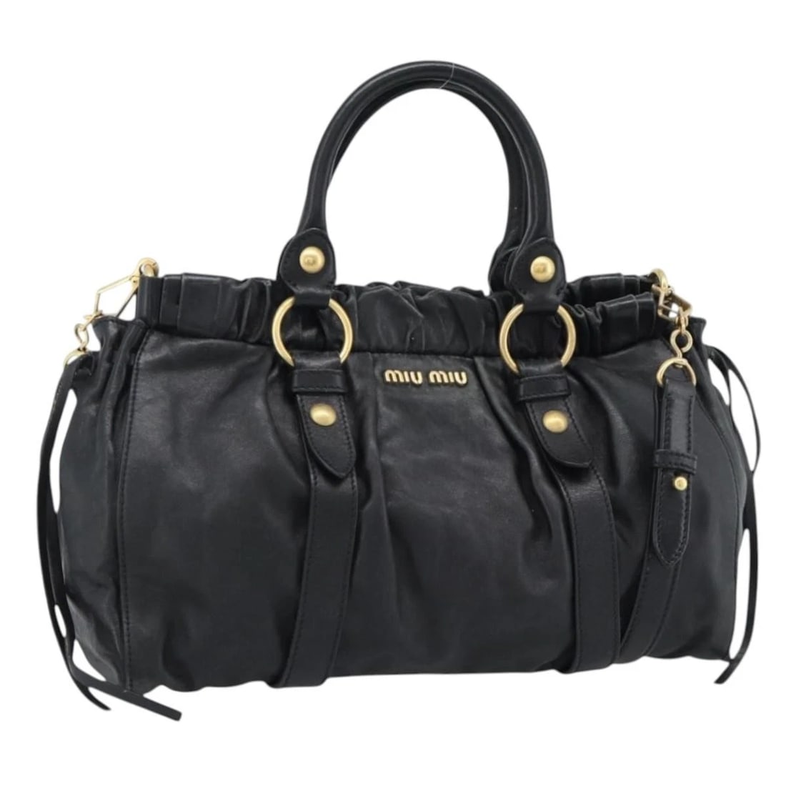 MIU MIU HAND BAG LEATHER 2WAY BLACK GOLD: Miu Miu Hand Bag Leather 2way Black Gold Brand: Miu Miu Type/Style: Hand Bag Material: Leather Color: Black/Gold Size: W13.0 x H9.1 x D4.7inch(Approx) Accessories: None Accessories Notice:
