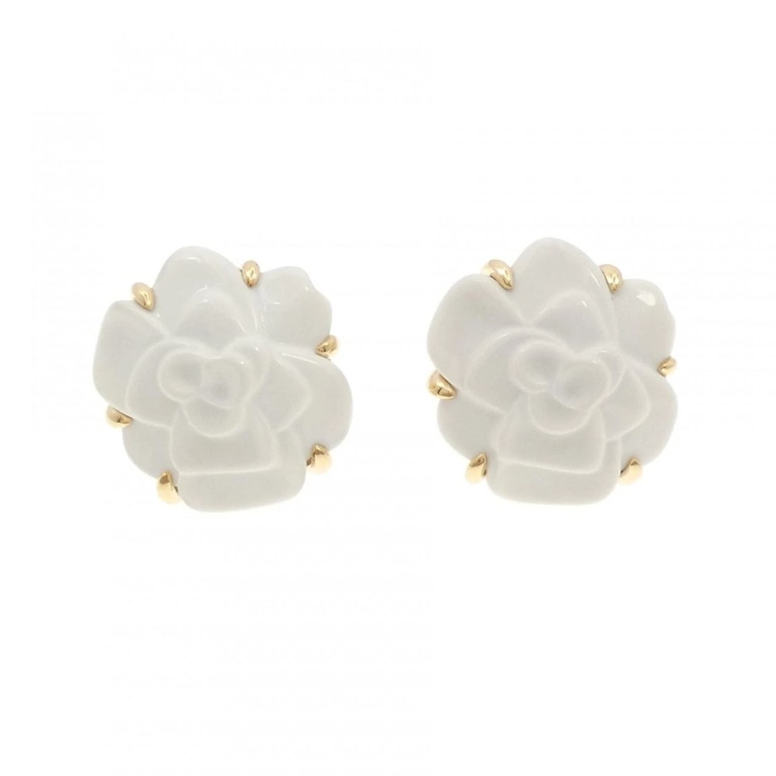 CHANEL CAMELLIA LARGE EARRING: Chanel Camellia Large Earring Brand: CHANEL Type/Style: Chanel Pierce/Earring Material: 750 yellow gold, Main Stone Chalcedony Color: yellow gold Size: Actual Size Approximate dimensions (height x