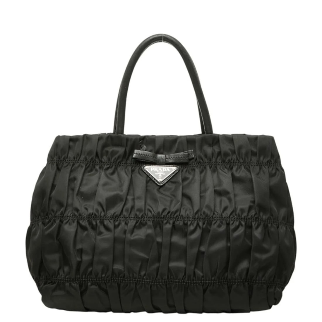PRADA TRIANGLE LOGO PLATE GATHERED HANDBAG: Prada Triangle Logo Plate Gathered Handbag Brand: Prada Type/Style: Handbag Material: Nylon , Leather Color: Black Size: (HxWxD) 28cm x 28cm x 16cm / 11.02inch x 11.02inch x 6.29inch Accessories: