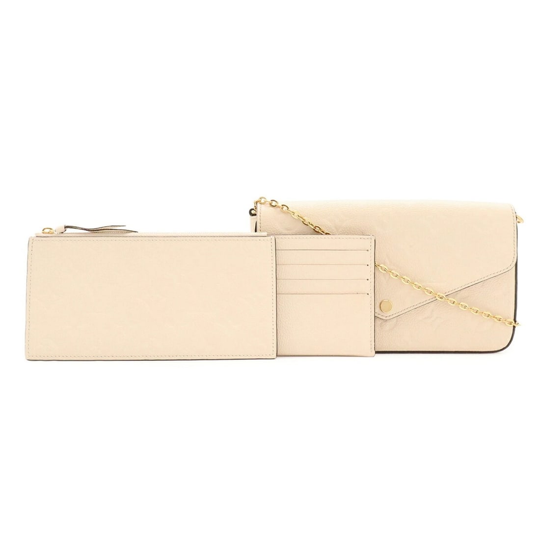 LOUIS VUITTON MONOGRAM EMPREINTE POCHETTE: Louis Vuitton Monogram Empreinte Pochette Brand: Louis Vuitton Type/Style: Clutch bag, Pochette, Shoulder bag Material: Leather Color: Cream Size: (HxWxD) 13cm x 21.5cm x 3cm / 5.11inch x 8.46inch x