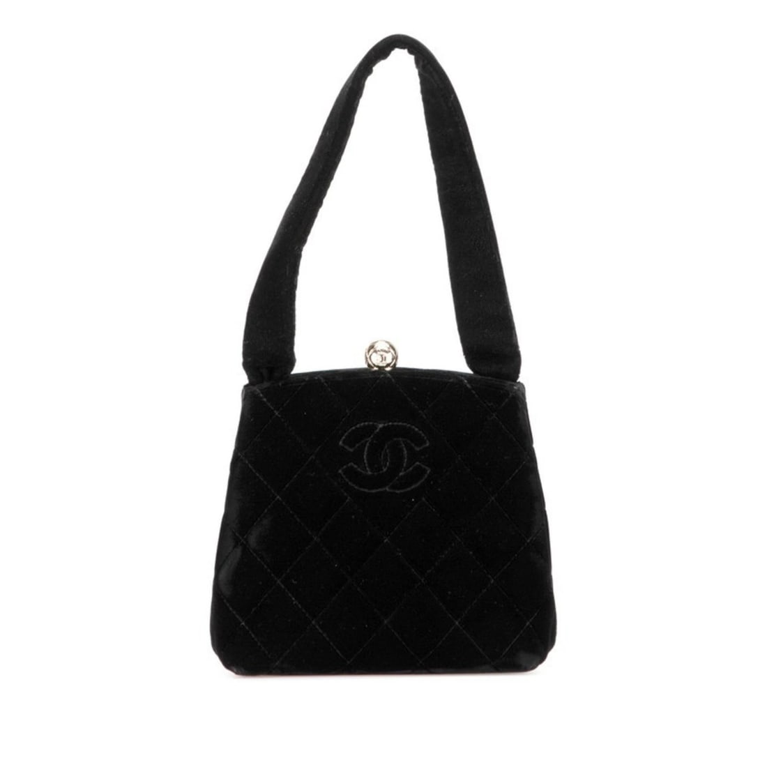 CHANEL MATELASSE COCO MARK MINI HANDBAG IN BLACK VELVET: CHANEL Matelasse Coco Mark Mini Handbag in Black Velvet Brand: Chanel Type/Style: Handbag Material: None Color: Black Size: (HxWxD) 15cm x 15.5cm x 7cm / 5.9inch x 6.1inch x 2.75inch Accessories: