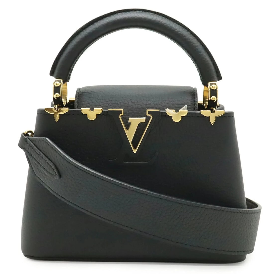 LOUIS VUITTON CAPUCINES MINI HANDBAG/SHOULDER BAG: LOUIS VUITTON Capucines Mini Handbag/Shoulder Bag Brand: Louis Vuitton Type/Style: Handbag, Shoulder bag Material: Leather Color: Black, Noir Size: (HxWxD) 17.5cm x 26.5cm x 9cm / 6.88inch x