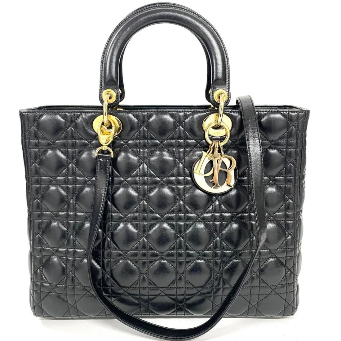 CHRISTIAN DIOR DIOR LADY CANNAGE LARGE HANDBAG: Christian Dior Dior Lady Cannage Large Handbag Brand: Christian Dior Type/Style: Handbag Material: Leather Color: Black Size: (HxWxD) 25cm x 32cm x 11cm / 9.84inch x 12.59inch x 4.33inch Accessori