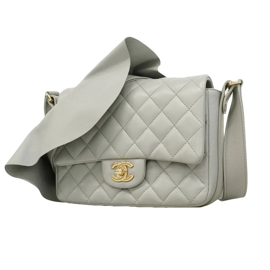 CHANEL MATELASSE LAMBSKIN SHOULDER BAG: Chanel Matelasse Lambskin Shoulder Bag Brand: Chanel Type/Style: Shoulder bag Material: Leather Color: Gray Size: (HxWxD) 17cm x 20cm x 6cm / 6.69inch x 7.87inch x 2.36inch Accessories: None