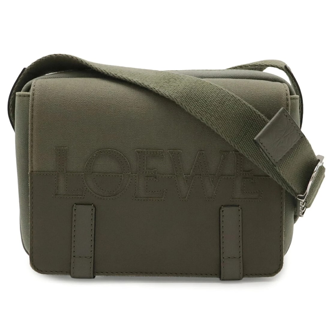 LOEWE MILITARY BAG SHOULDER BAG, CANVAS AND LEATHER: LOEWE Military Bag Shoulder Bag, Canvas and Leather Brand: Loewe Type/Style: Shoulder bag Material: Canvas Color: Green, Khaki Size: (HxWxD) 17cm x 23.5cm x 8cm / 6.69inch x 9.25inch x 3.14inch