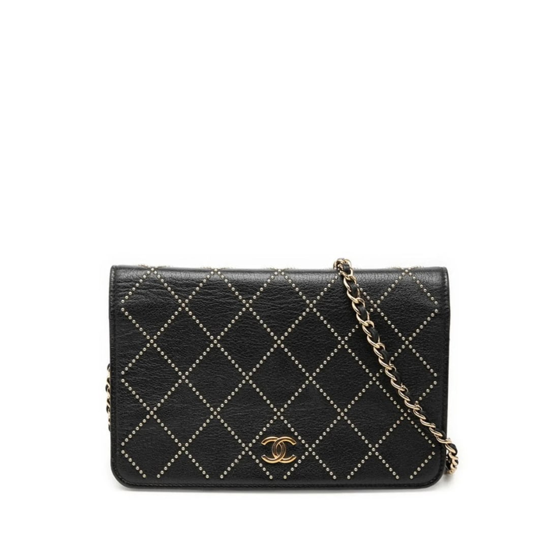 CHANEL COCO MARK STUDDED CHAIN WALLET SHOULDER BAG: Chanel Coco Mark Studded Chain Wallet Shoulder Bag Brand: Chanel Type/Style: Shoulder bag Material: Leather Color: Black Size: (HxWxD) 12.5cm x 19cm x 4cm / 4.92inch x 7.48inch x 1.57inch Accessor