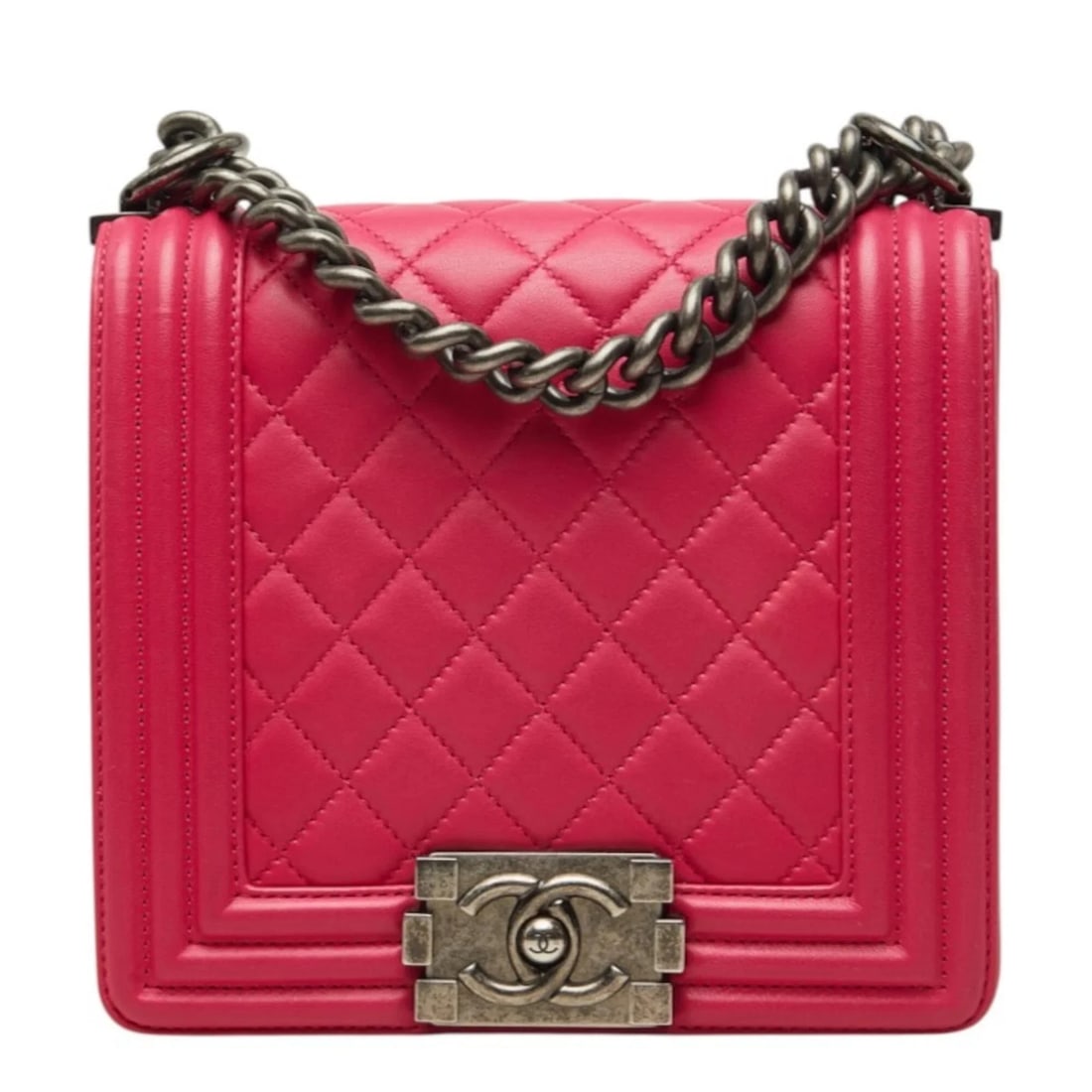 CHANEL BOY COCO MARK CHAIN SHOULDER BAG: Chanel Boy Coco Mark Chain Shoulder Bag Brand: Chanel Type/Style: Shoulder bag Material: None Color: Pink Size: (HxWxD) 16cm x 17.5cm x 5.5cm / 6.29inch x 6.88inch x 2.16inch Accessories: None