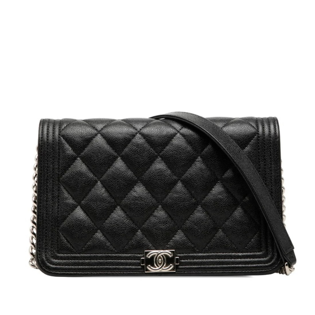 CHANEL COCO MARK MATELASSE BOY CHAIN WALLET: Chanel Coco Mark Matelasse Boy Chain Wallet Brand: Chanel Type/Style: Shoulder bag Material: Grained Calfskin Color: Black Size: (HxWxD) 12.5cm x 19cm x 5cm / 4.92inch x 7.48inch x 1.96inch Access