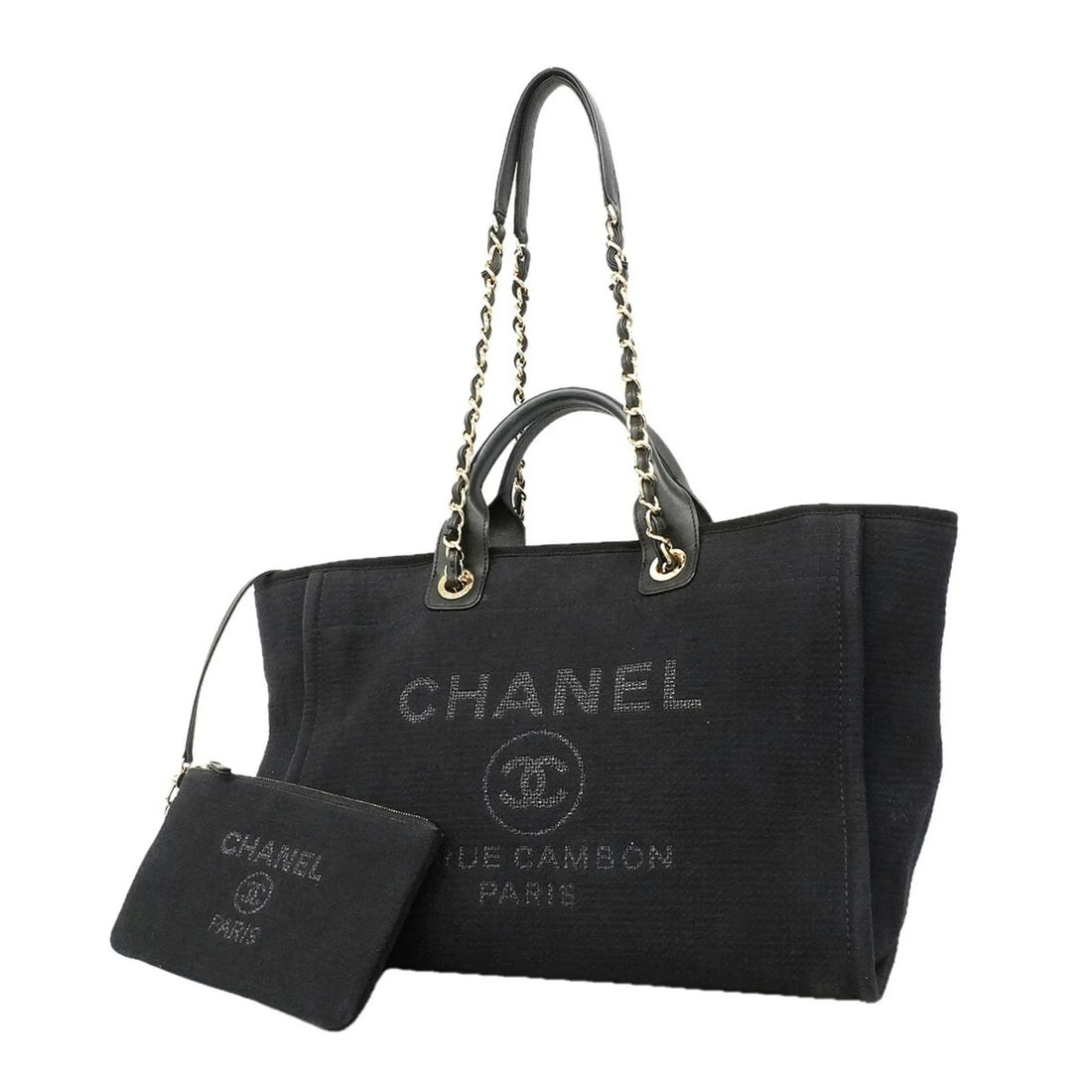 CHANEL DEAUVILLE CANVAS CHAIN TOTE BAG: Chanel Deauville Canvas Chain Tote Bag Brand: Chanel Type/Style: Tote bag Material: Canvas Color: Black Size: (HxWxD) 29cm x 38cm x 21cm / 11.41inch x 14.96inch x 8.26inch Accessories: None