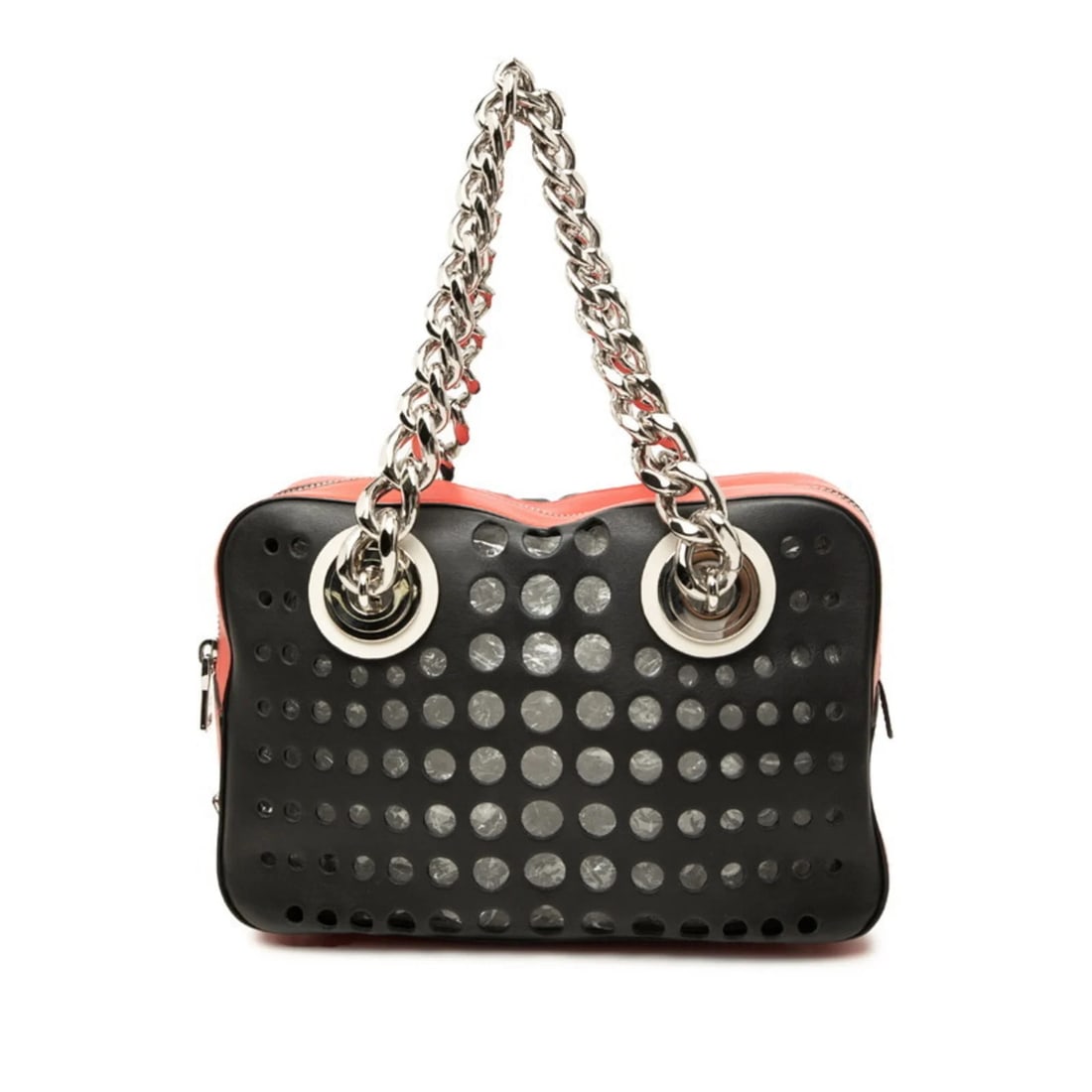 PRADA CITY FORI TOTE BAG WITH TRIANGLE: Prada City Fori Tote Bag with Triangle Brand: Prada Type/Style: Pouch, Tote bag Material: Leather Color: Black, Red color Size: (HxWxD) 20cm x 30cm x 9cm / 7.87inch x 11.81inch x 3.54inch Accessor